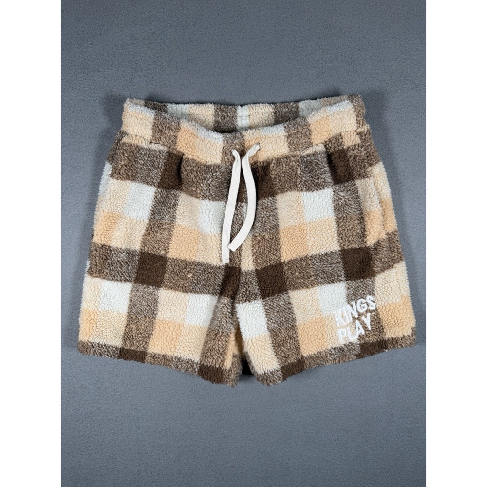 Kings Play Cozy Fleece Sherpa Shorts Plaid Checkered Brown Cream Drawstring M